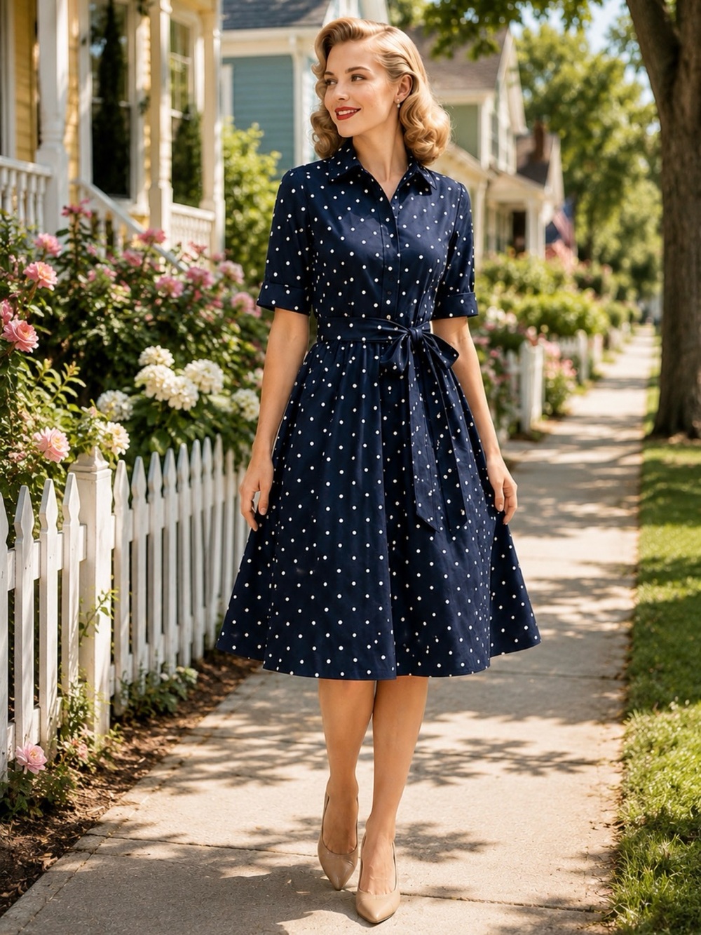 DKNY Navy White Polka Dot Cotton Midi Shirt Dress Tie Waist NWT Size 8